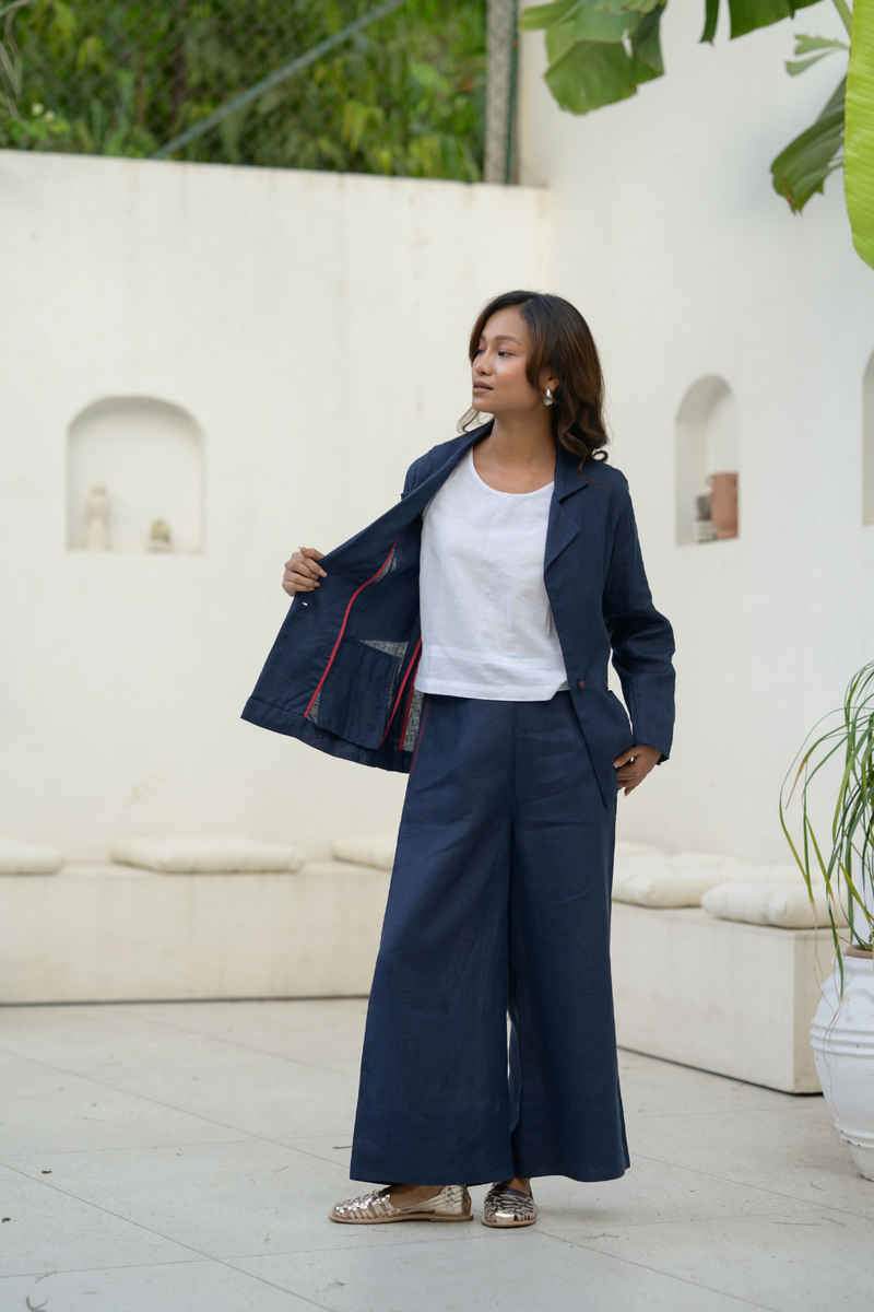Midnight Line Suit linen co-ord set by Zanzibar Living in midnight blue for women Worldwide