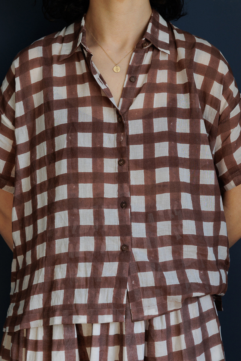 Easy Shirt-Brown Checks handwoven cotton top/shirt by World of Crow in brown for women Worldwide