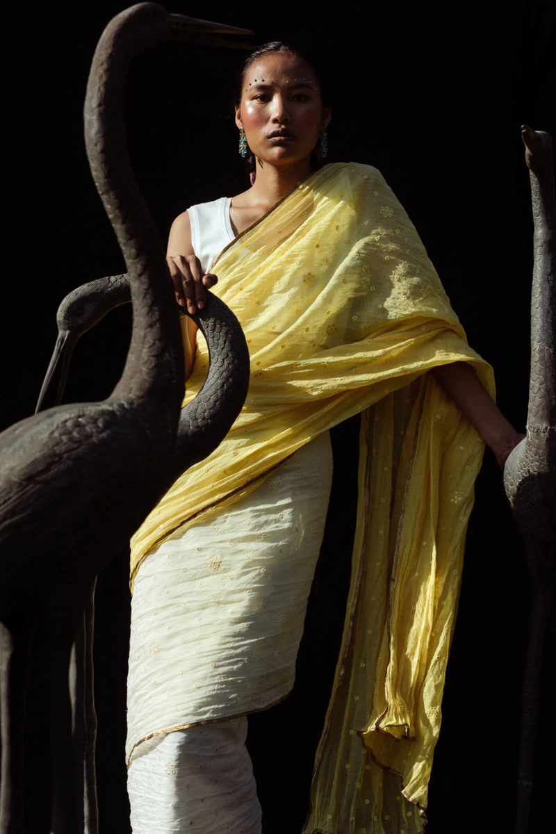 NAVA SHADED SARI DRESS 100% cotton by Ituvana in white color for women Worldwide