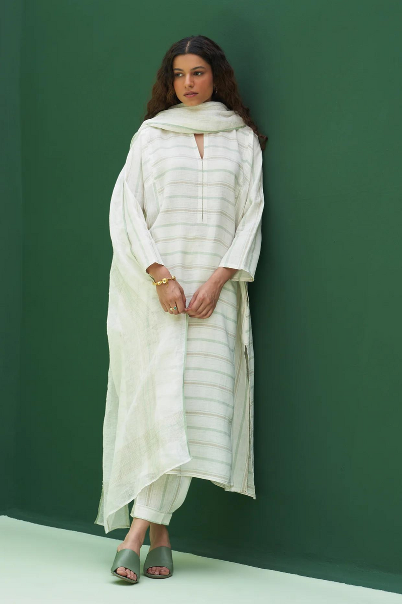 Ezra Striped Linen Kurta Set - Mint linen by Manan in mint color for women Worldwide