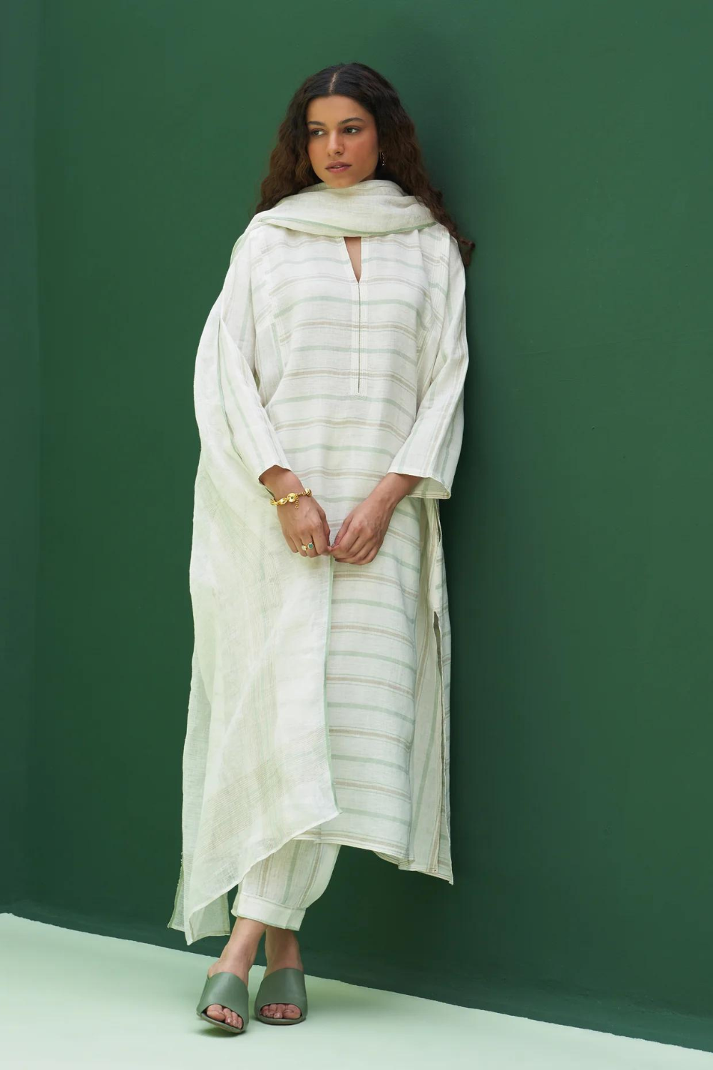 Ezra Striped Linen Kurta Set - Mint