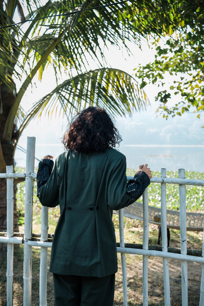 Upcycled Handwoven Ying Yang Blazer - Green cotton by The Terra Tribe in green color for women Worldwide