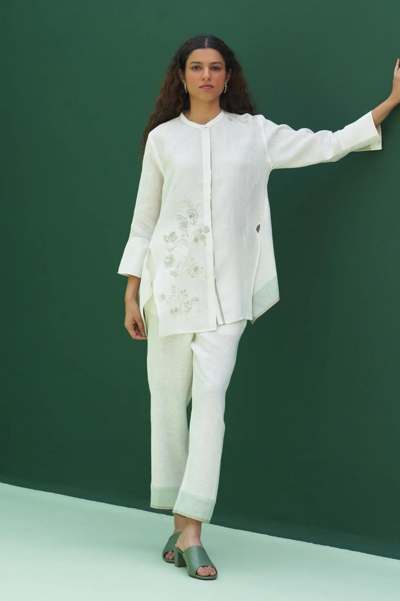 Noi Hand-Embroidered Linen Co-ord Set - Ivory linen by Manan in ivory color for women Worldwide