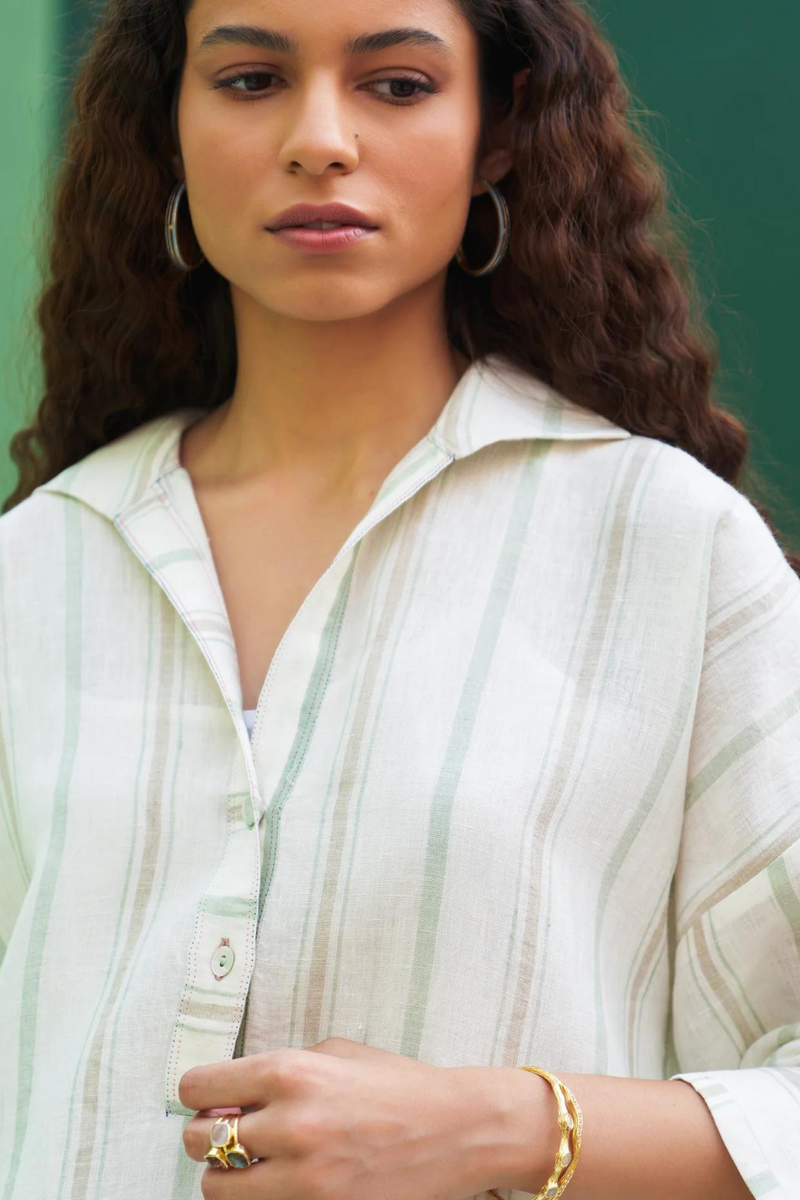 Kiku Striped Linen Shirt
 - Mint linen by Manan in mint color for women Worldwide