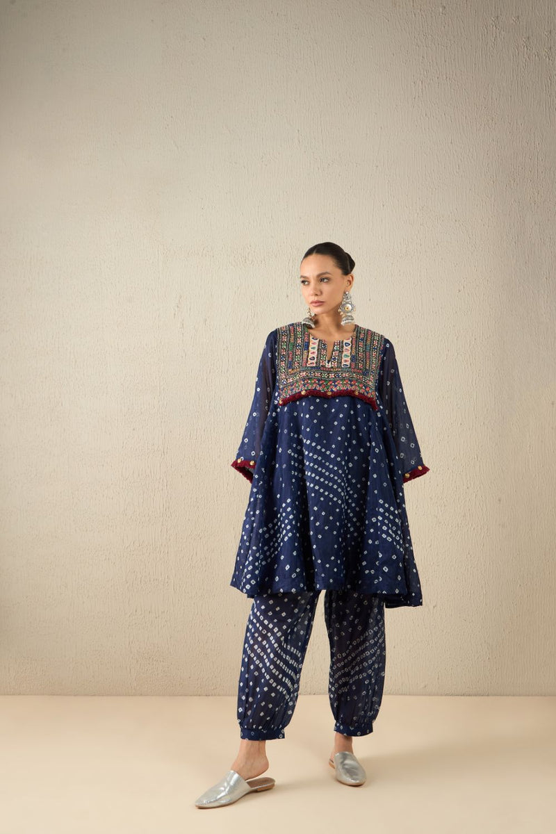 AFGHANI BANDHANI SET - Navy Blue silk by Aavidi in yellow color for women Worldwide