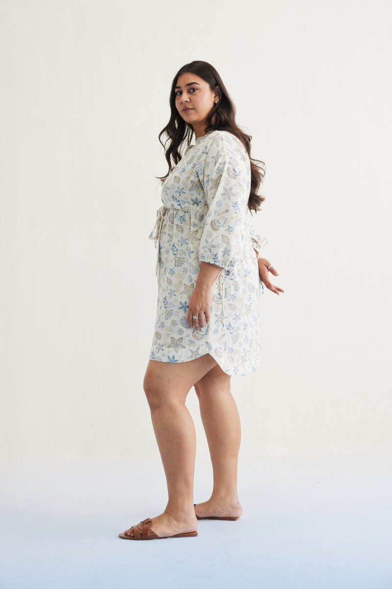 The Marine Handspun Handwoven Organic Cotton Short Dress cotton by SUI in white color for women Worldwide