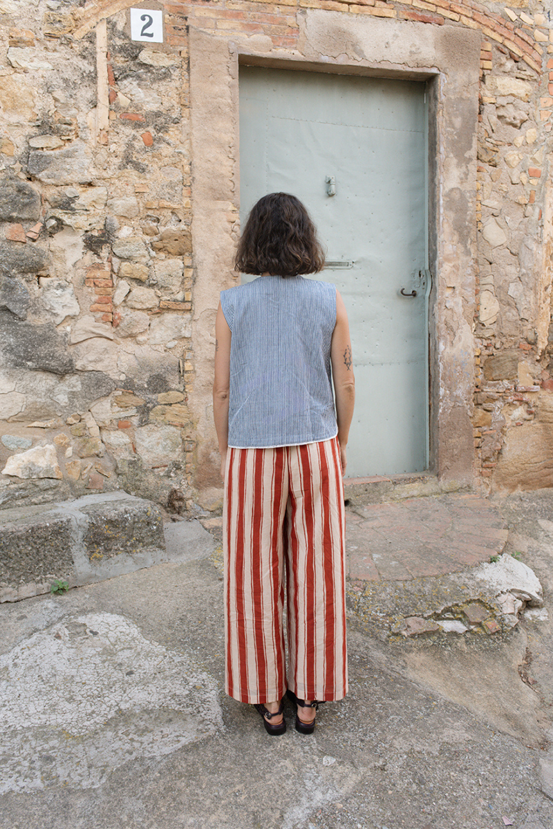 Zebra Stroll Pants-Red Stripes handwoven cotton pant/trouser by World of Crow in multicolor for women Worldwide