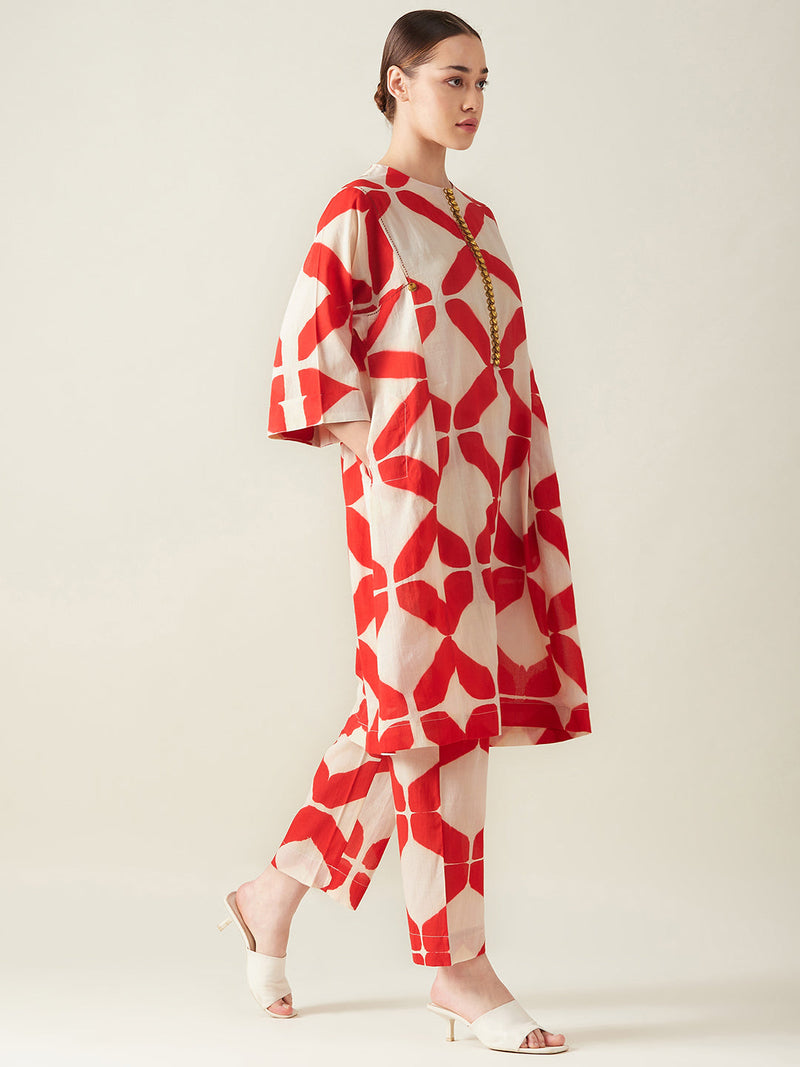 Red Clamp Dye Embroidered Co ord set cotton Artisan made - Block Printed by Aavidi for women Worldwide