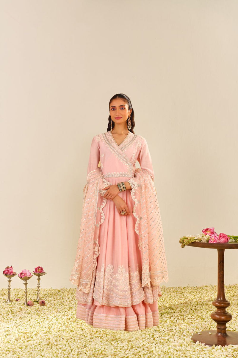 Ameena - Long Anarkali With Skirt And Dupatta-Blush Pink silk by SHEETAL BATRA in blush color for women Worldwide
