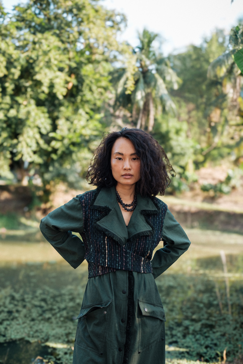 Upcycled Handwoven Copenhagen Trench - Green cotton by The Terra Tribe in green color for women Worldwide