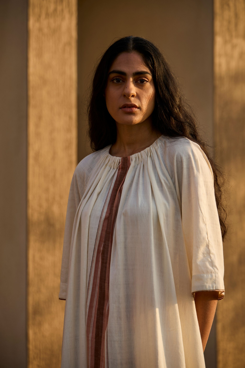 Bulan Handwoven Striped Midi Dress cotton by The Summer House in white color for women Worldwide