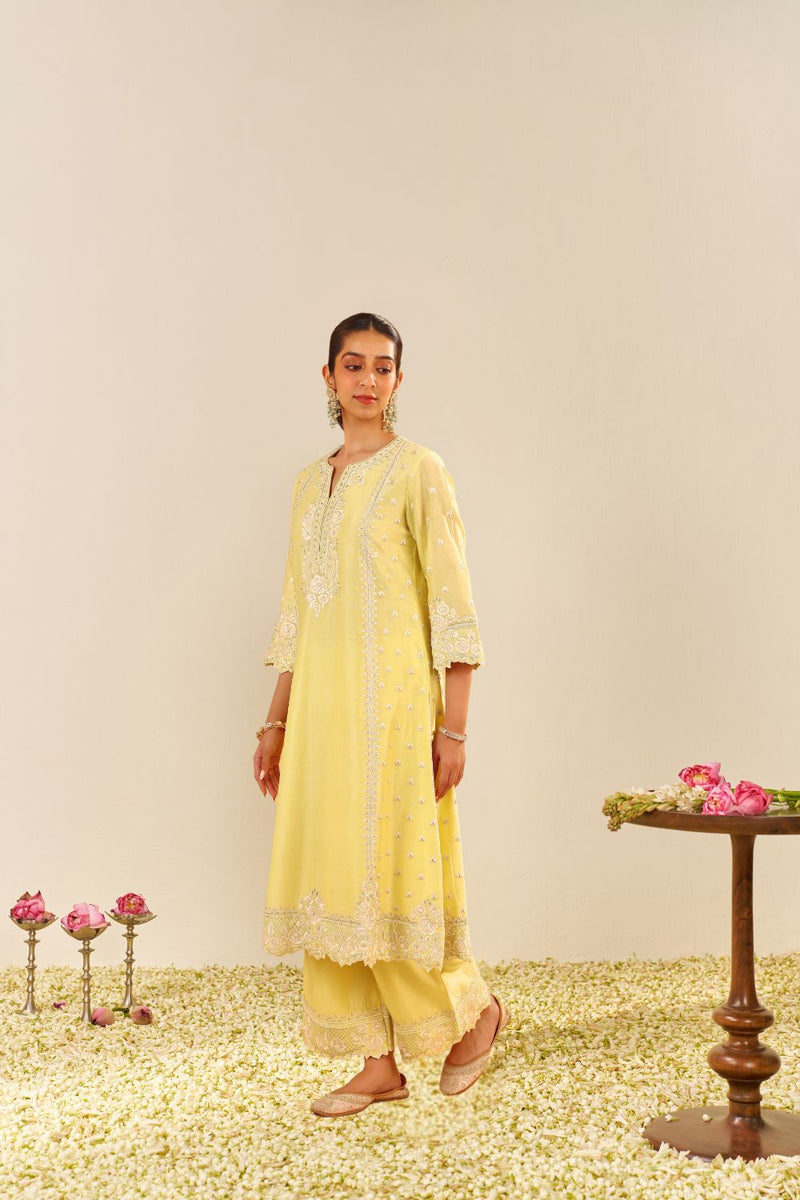 Sumaiya - A-Line Kurta With Palazzo And Dupatta-Lemon Yellow silk by SHEETAL BATRA in yellow color for women Worldwide