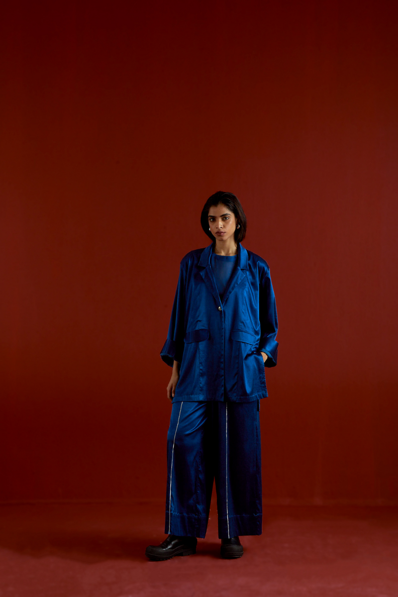 WIDE SLEEVE JACKET CO-ORD-ELECTRIC BLUE satin by THREE in blue color for women Worldwide
