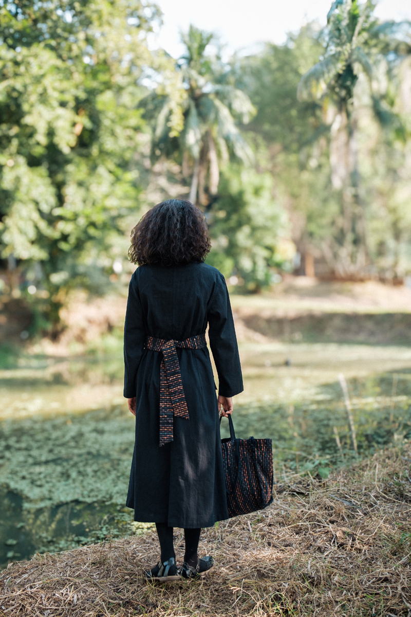 Upcycled Handwoven Copenhagen Trench - Black Copper cotton by The Terra Tribe in black color for women Worldwide