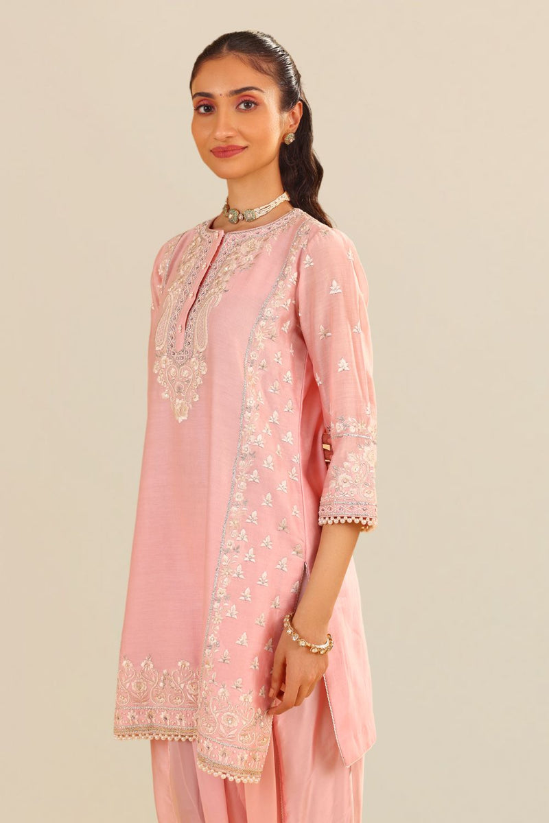 Zaisha - Short Kurta With Dhoti-Blush Pink silk by SHEETAL BATRA in blush color for women Worldwide