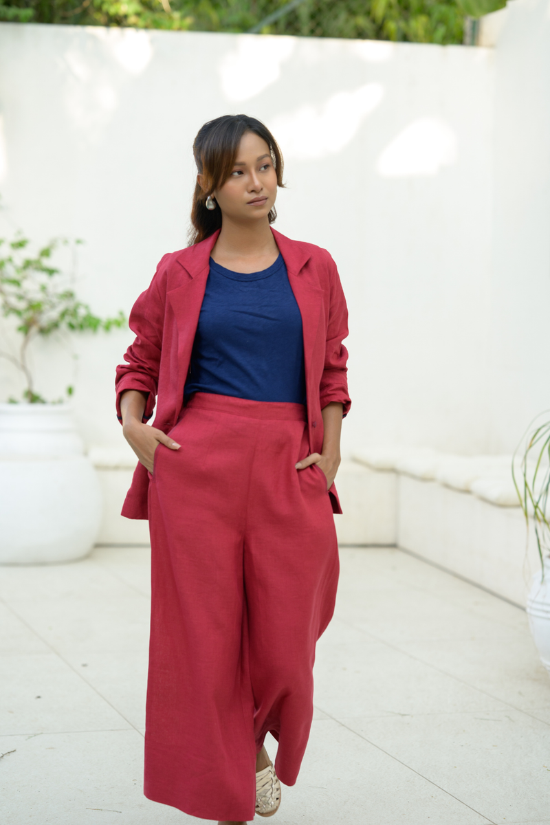 Crimson Sky Suit linen co-ord set by Zanzibar Living in crimson red for women Worldwide