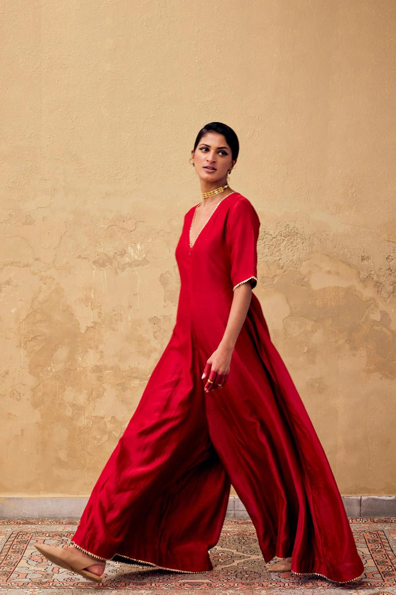 Jashn Jumpsuit chanderi by Khara Kapas in red for women Worldwide