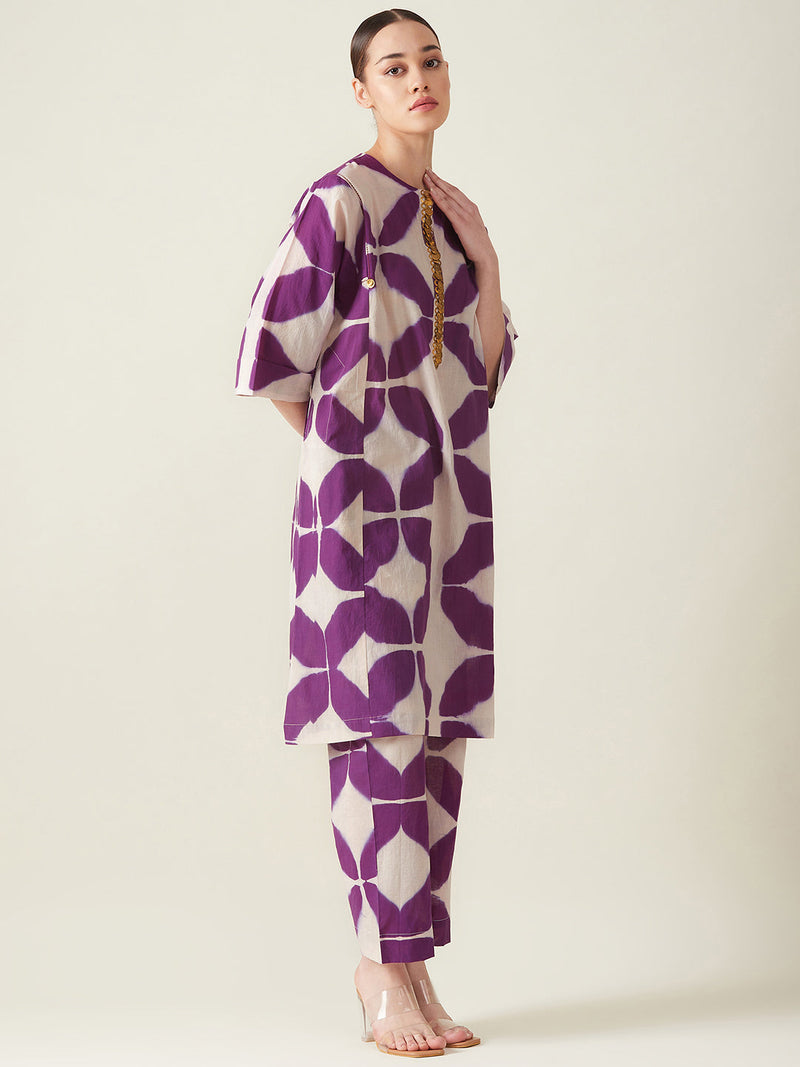 Purple Clamp Dye Embroidered Co ord set cotton Artisan made - Block Printed by Aavidi for women Worldwide