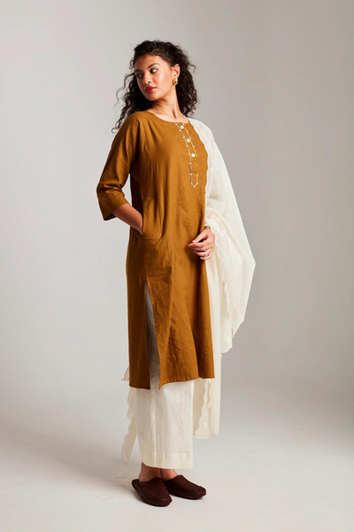 Olive Co-Linen Beaded Placket Kurta Set with Dupatta