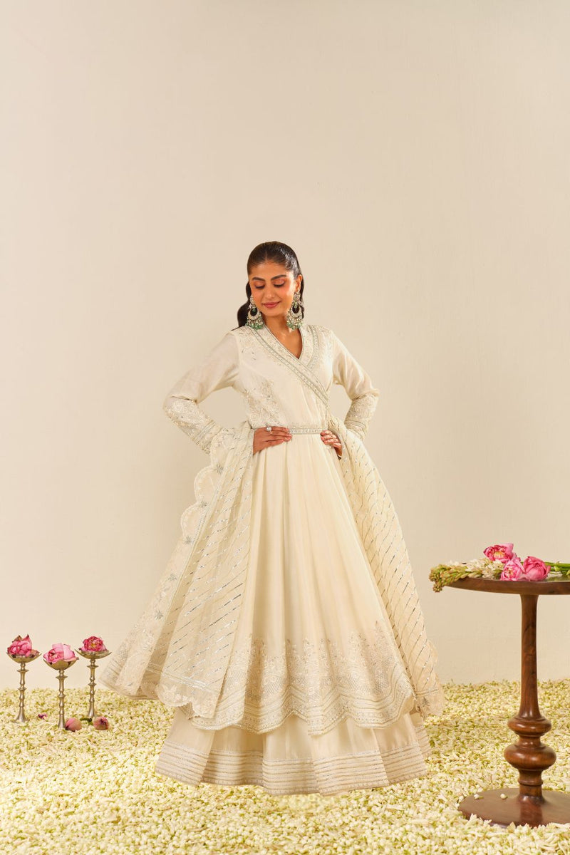 Ameena - Long Anarkali With Skirt And Dupatta-Daisy Ivory silk by SHEETAL BATRA in ivory color for women Worldwide