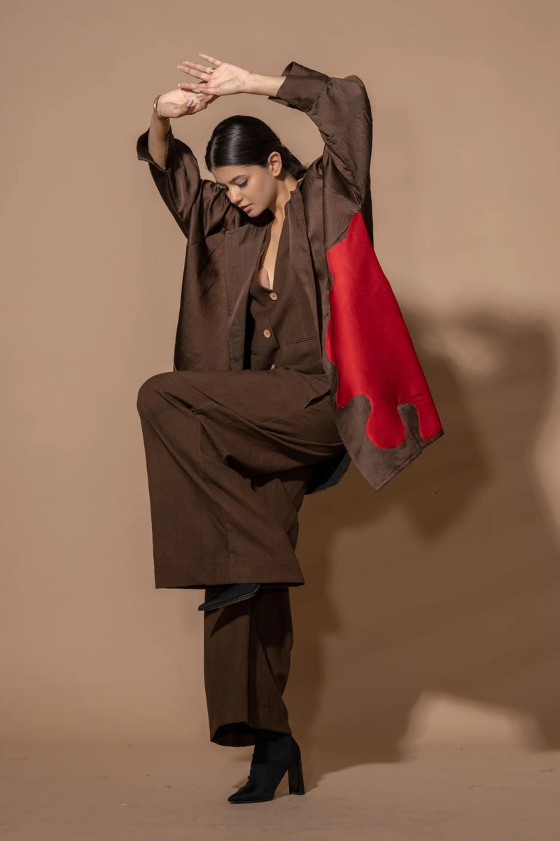 Thyme Jacket satin linen jackets and overlays by Stoique in brown, red for women Worldwide