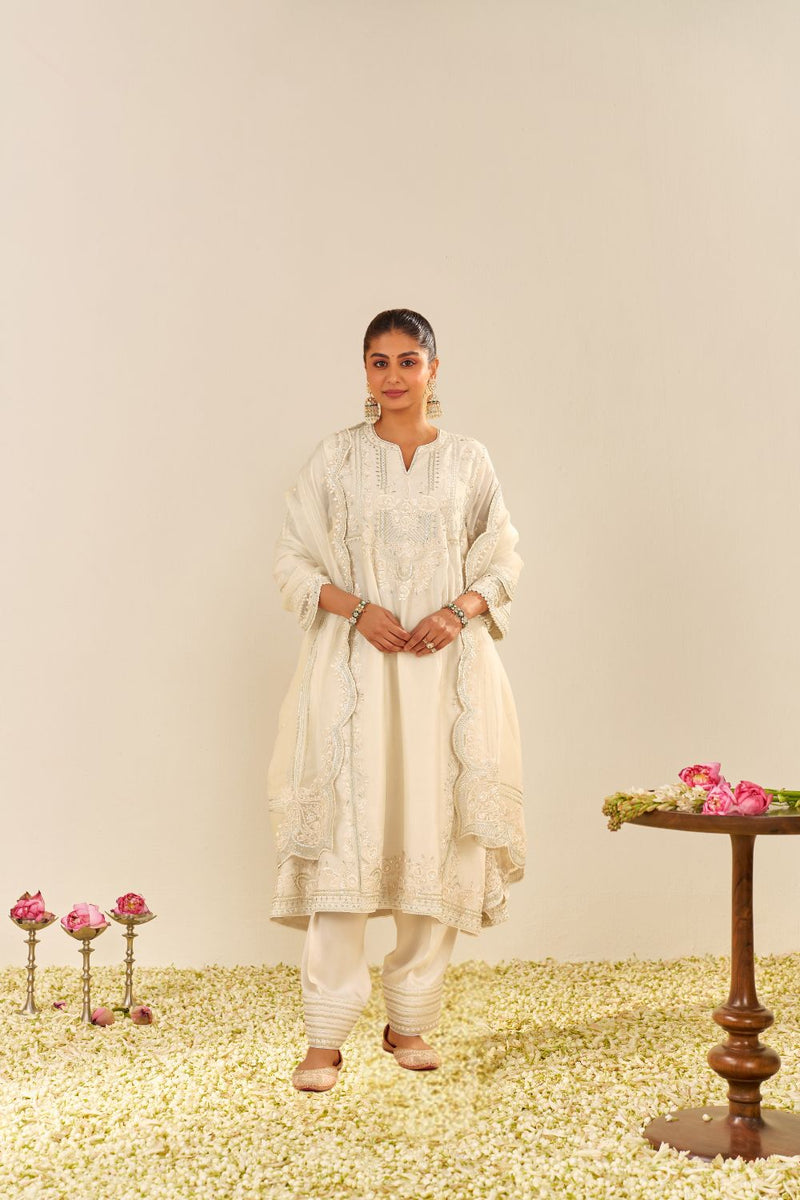 Maziya - Long Chauga With Salwar And Dupatta-Daisy Ivory silk by SHEETAL BATRA in ivory color for women Worldwide
