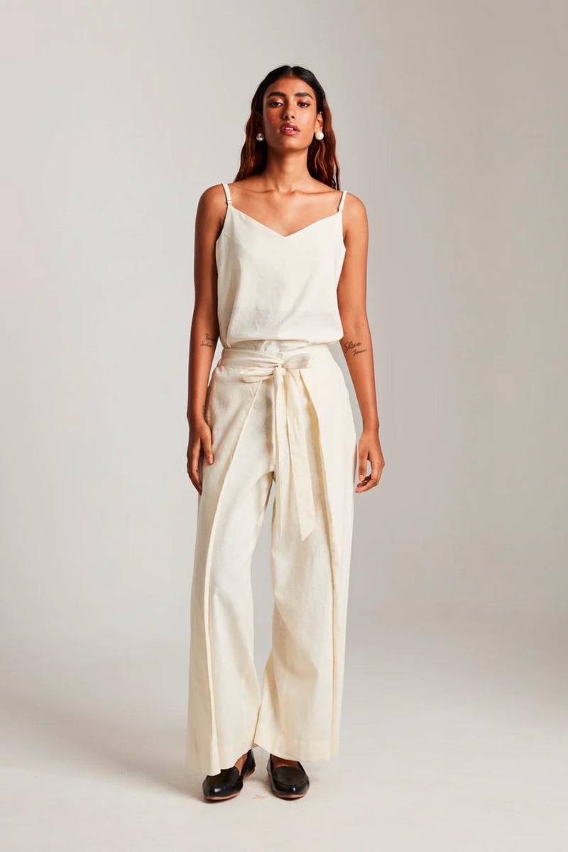 Vanilla Co-Linen Wrap Pants cotton by Saphed in white color for women Worldwide