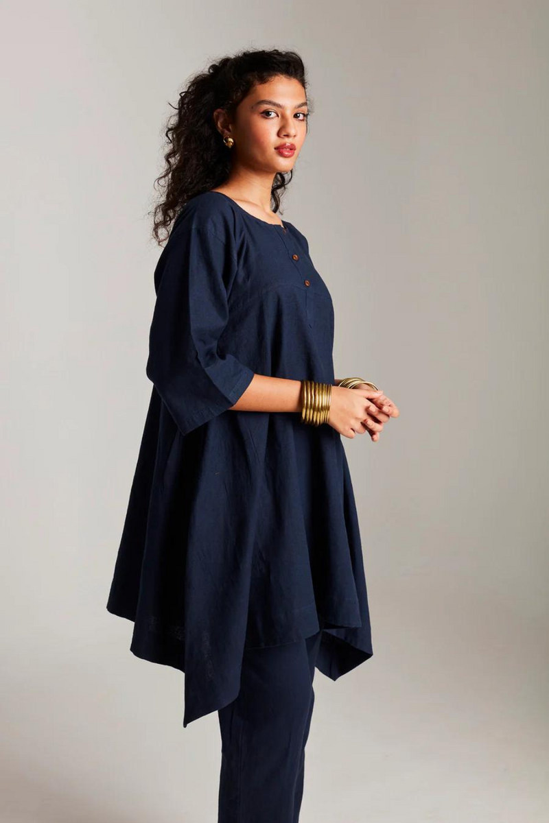 Navy Co-Linen High Low Kurta cotton by Saphed in navy color for women Worldwide