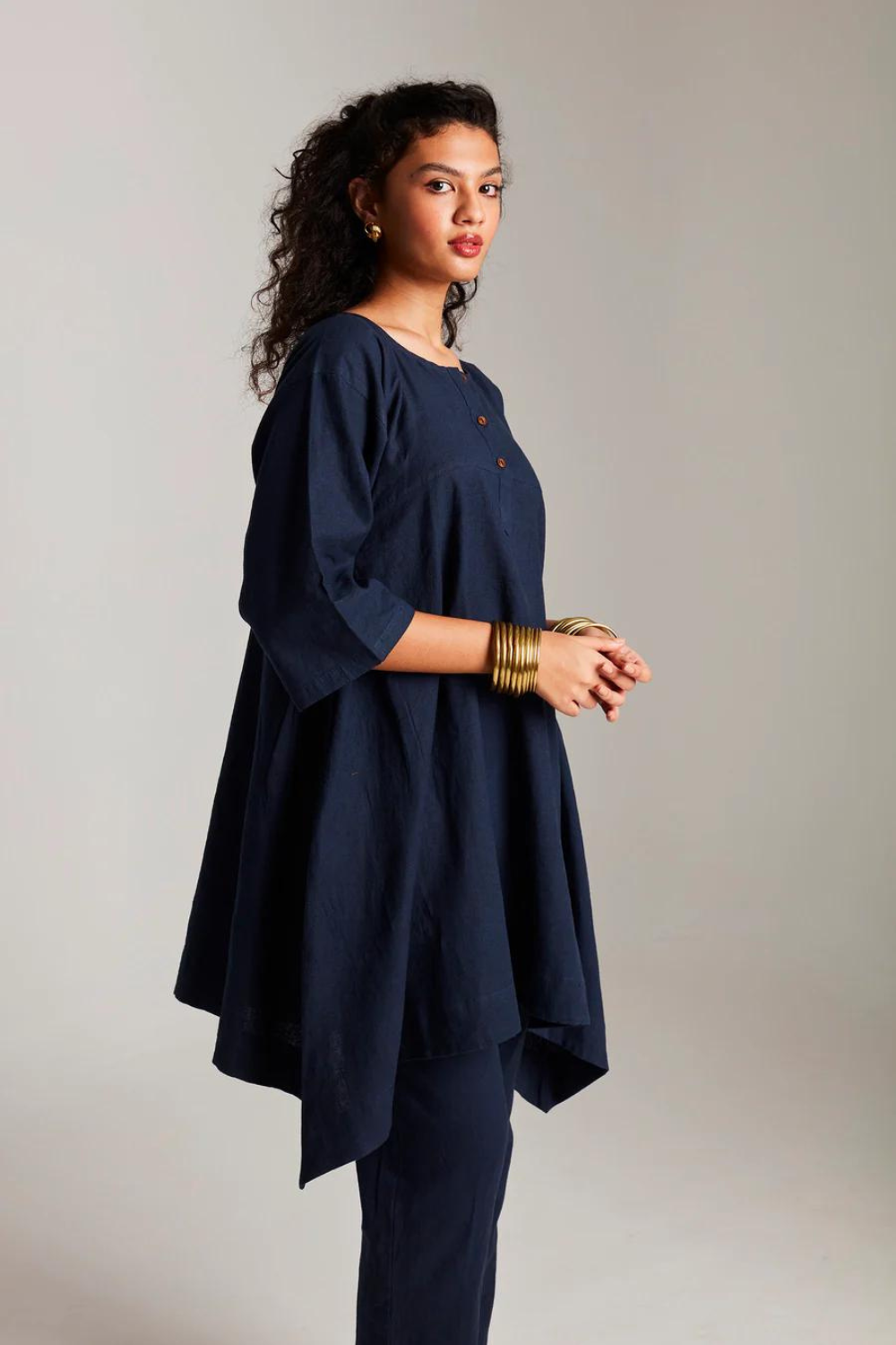 Navy Co-Linen High Low Kurta