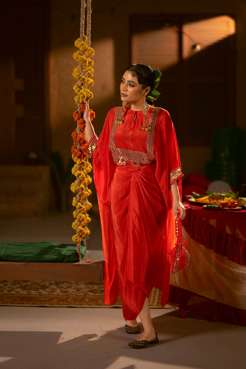 Ramani Nexa Red Hi Low Top & Wrap Skirt Set- Red silk by PRAHNAAYA in red color for women Worldwide