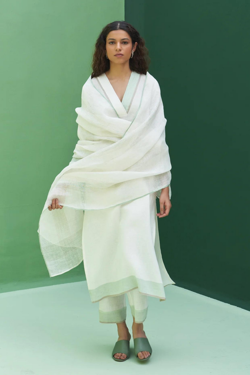 Kuma Stripe Border Linen Dupatta
 -Mint linen by Manan in ivory color for women Worldwide