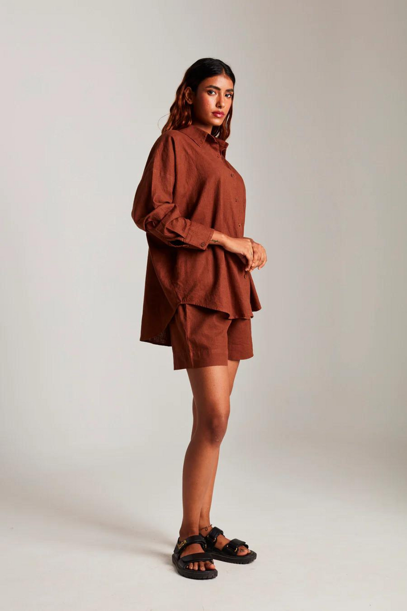 Mocha Co-Linen Classic Shirt cotton by Saphed in brown color for women Worldwide
