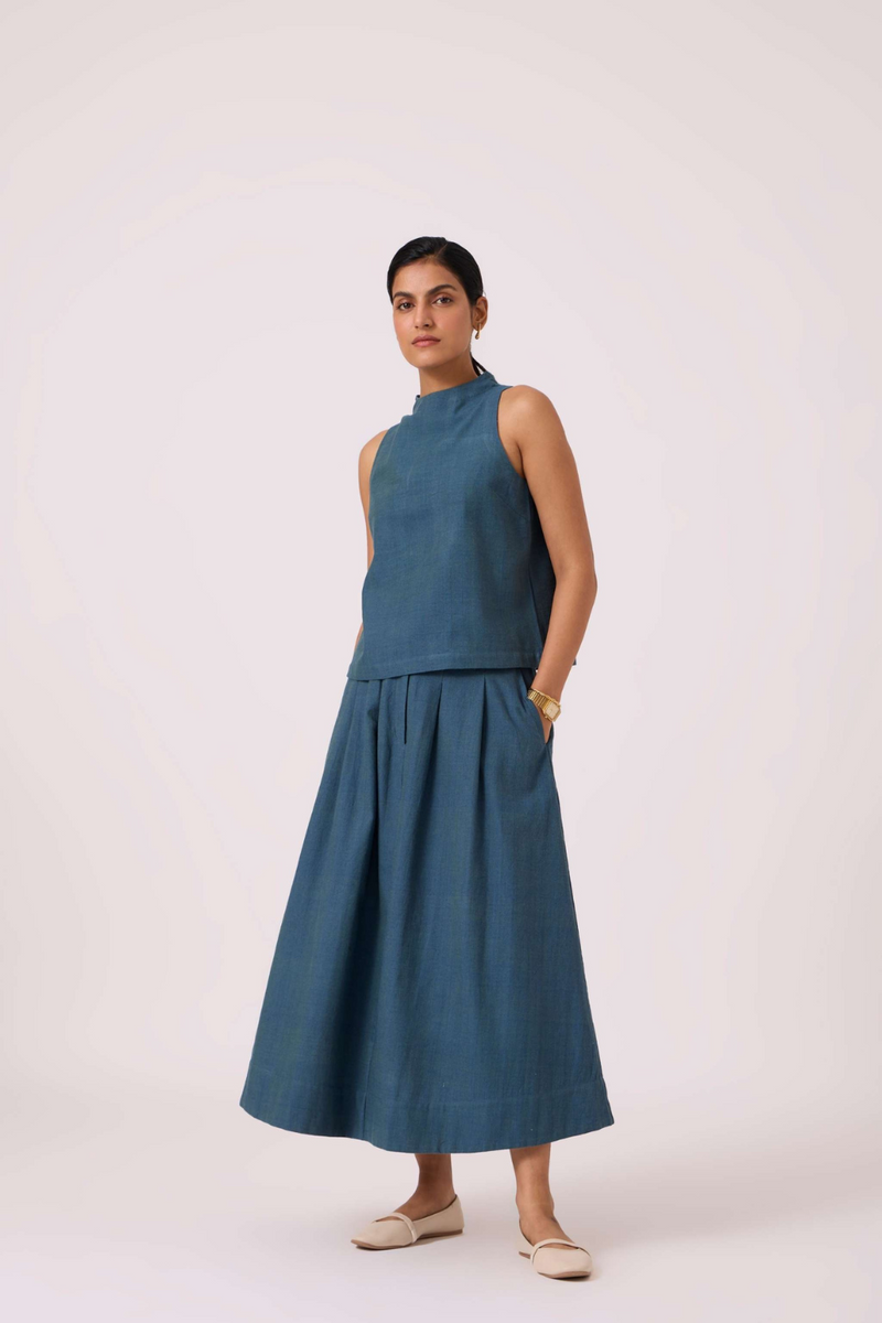 Eliot Blue Handwoven Skirt cotton by The Summer House in green color for women Worldwide