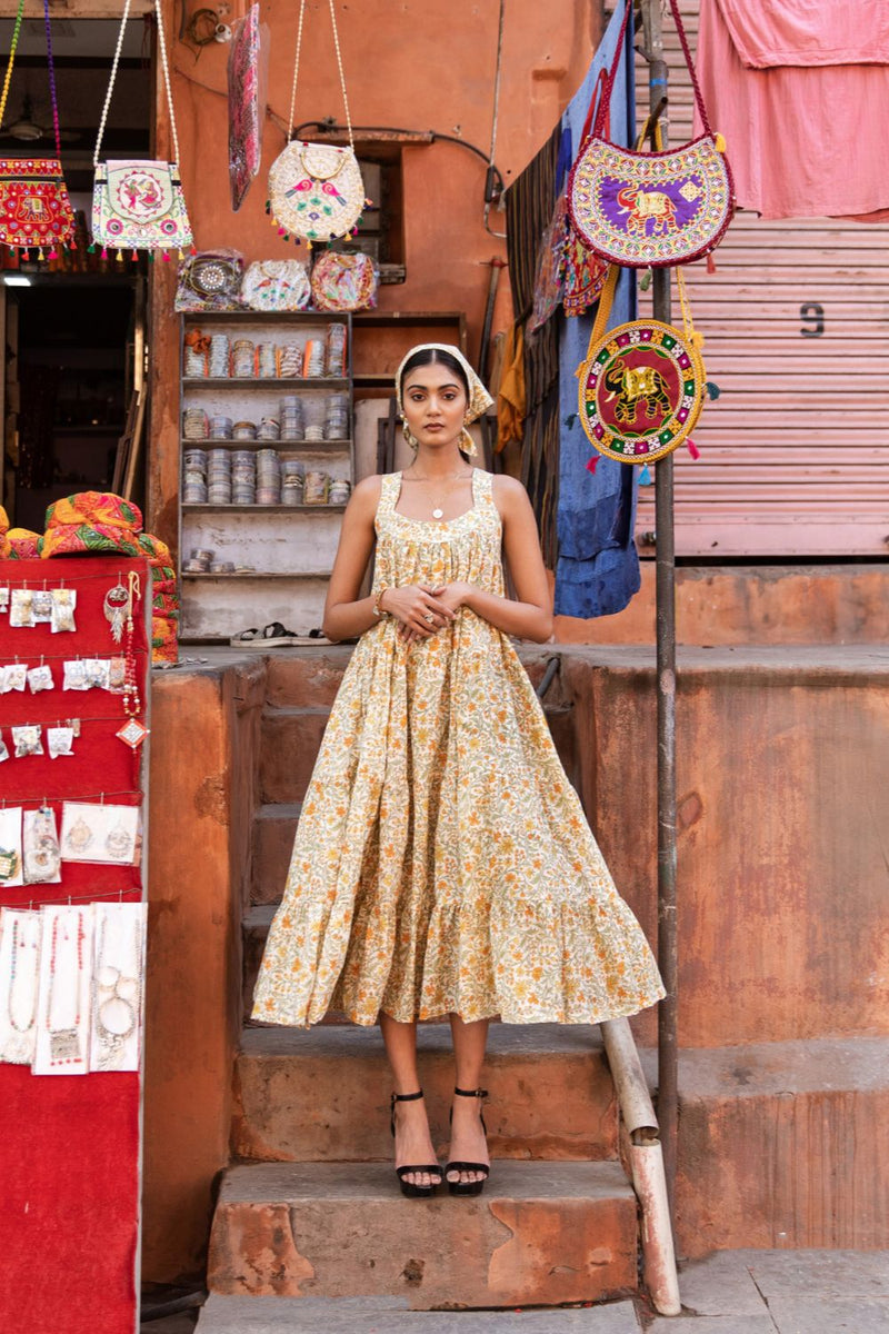 Mango Slush Dress - Printed Cotton Tiered Midi Dress cotton Dress by Marche in yellow color for women Worldwide