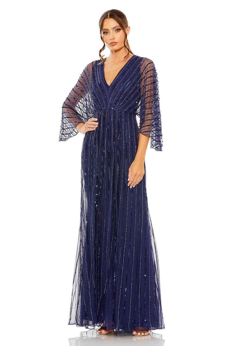 93841-Beaded Striping Kimono Sleeve V Neck Gown by Mac Duggal in navy color for women Worldwide