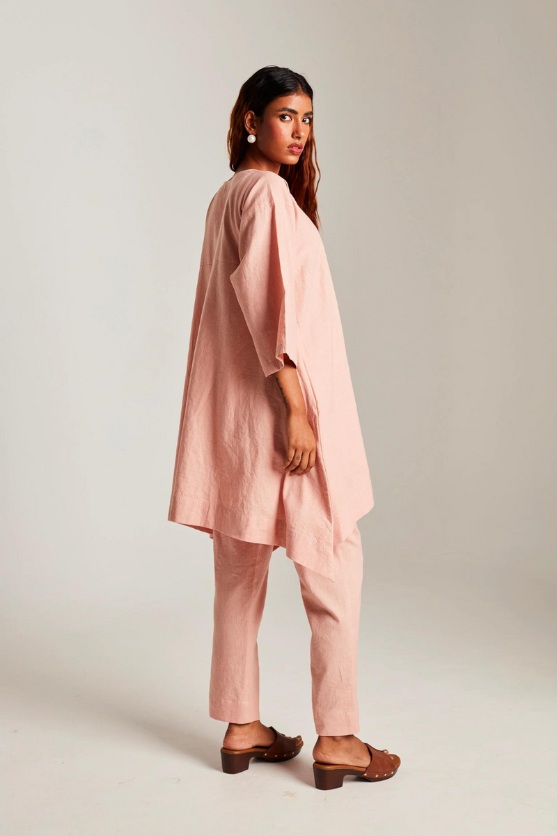 Rose Co-Linen High Low Kurta cotton by Saphed in peach color for women Worldwide