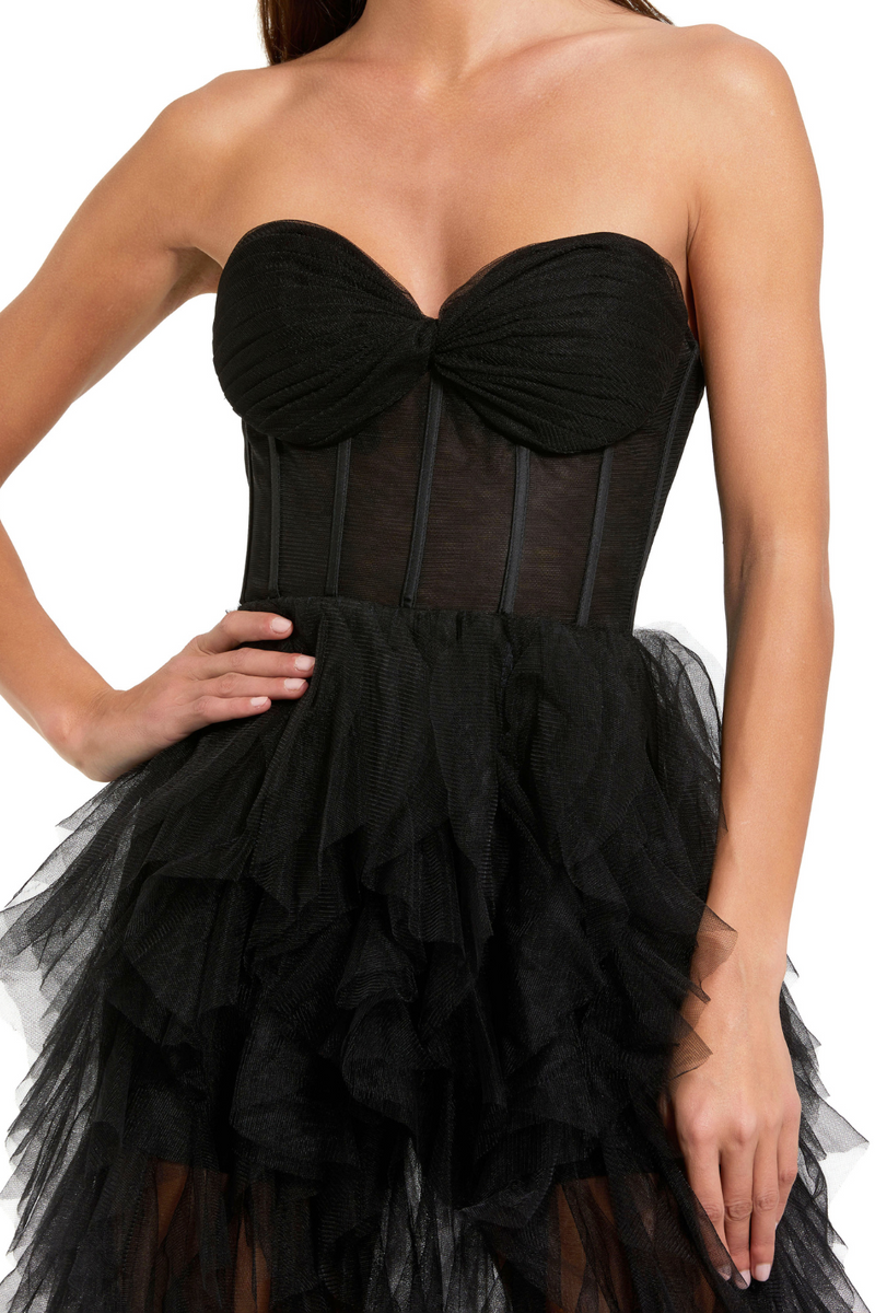 27532-Net Gown with Spiral Ruffles-Black by Mac Duggal in black color for women Worldwide