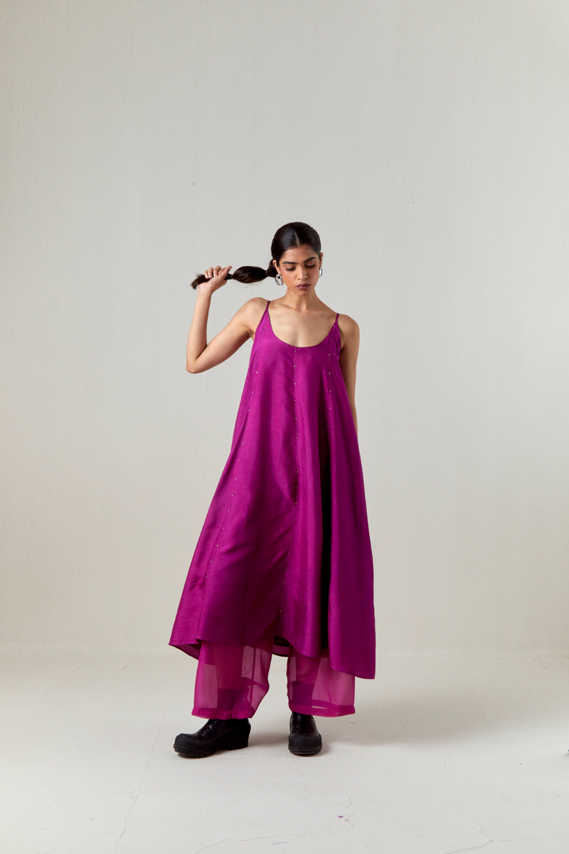 PANELED EMBROIDERED TUNIC CO-ORD-FUCHSIA silk by THREE for women Worldwide