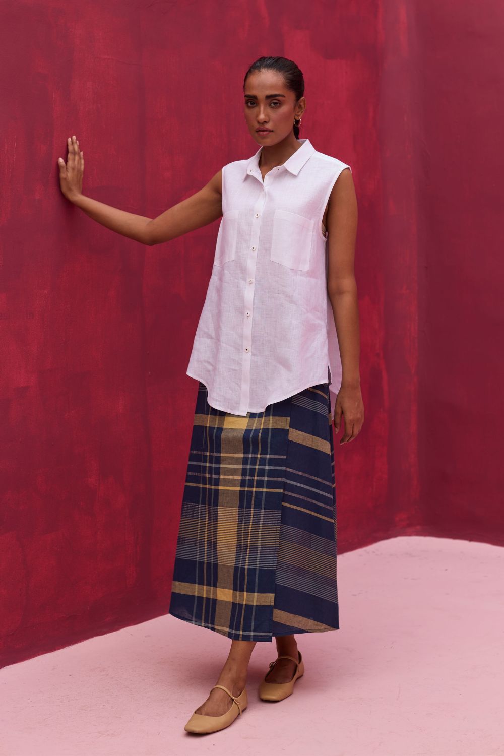 Para Check Linen Skirt - Navy