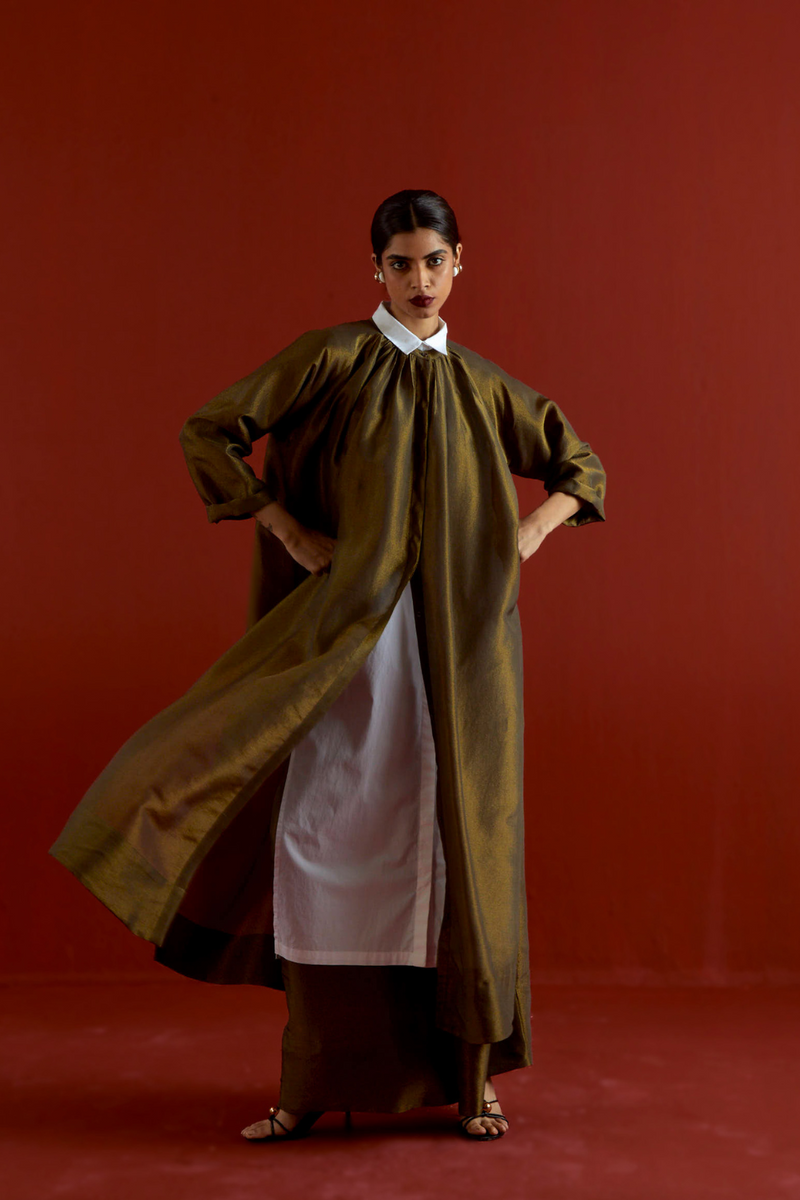 GATHER NECK SHIRT CO-ORD-OLIVE GOLD tissue by THREE in gold color for women Worldwide