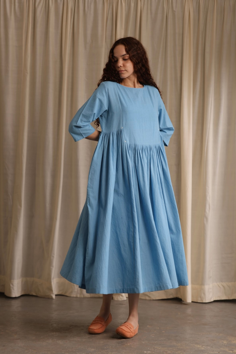 Bonnie Dress - Cornflower cotton by MASON AND MILL in blue color for women Worldwide