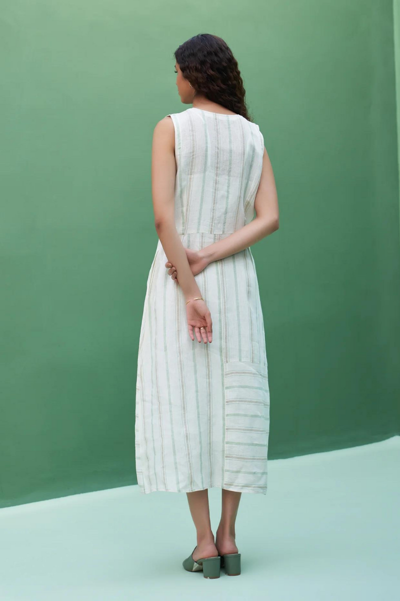 Una Striped Linen Sleeveless Dress
 - Mint linen by Manan in mint color for women Worldwide