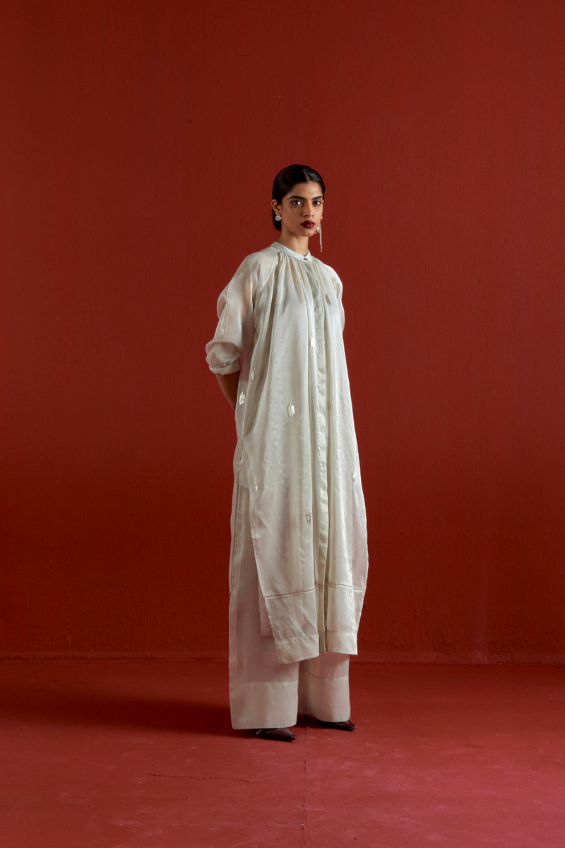 EMB. GATHER NECK SHIRT CO-ORD-METALLIC GREY tissue by THREE in grey color for women Worldwide