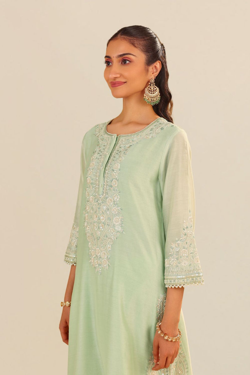 Sereen - A-Line Kurta With Palazzo And Dupatta-Mint Green silk by SHEETAL BATRA in mint color for women Worldwide