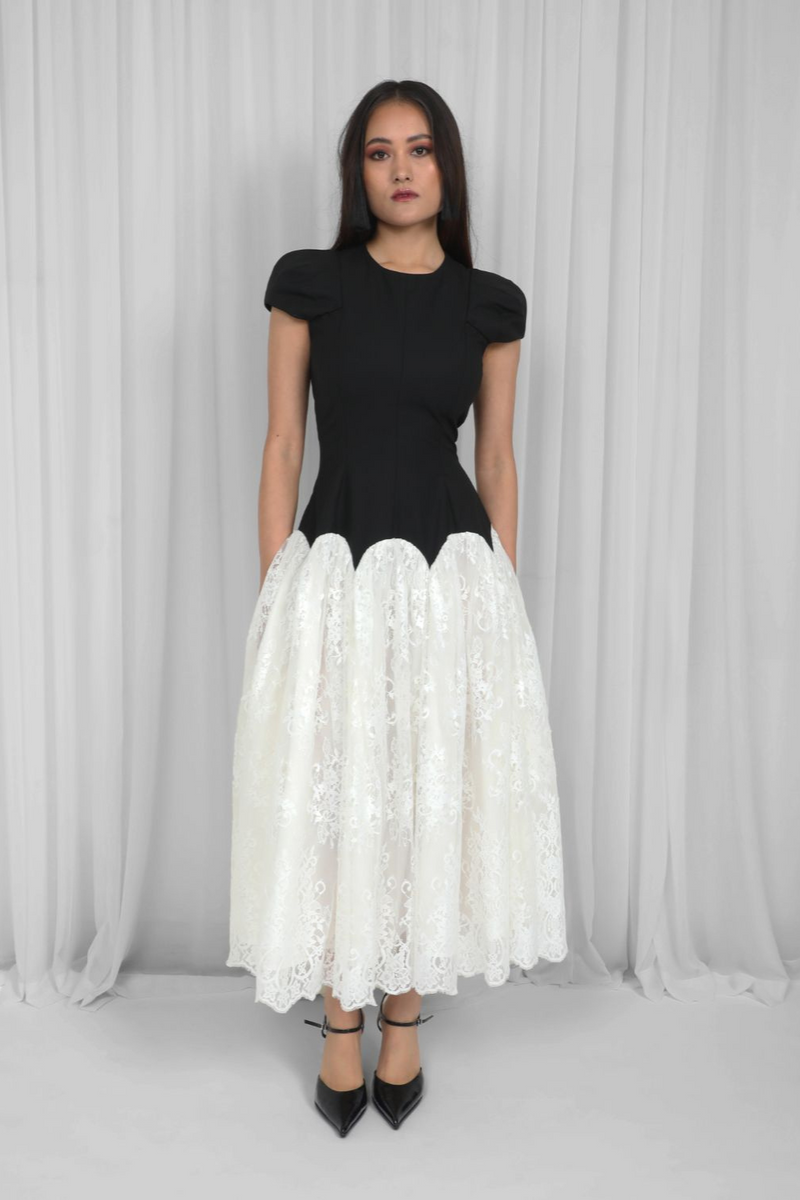 Jolene Dress-Black & White by Leh Studios in black color for women Worldwide