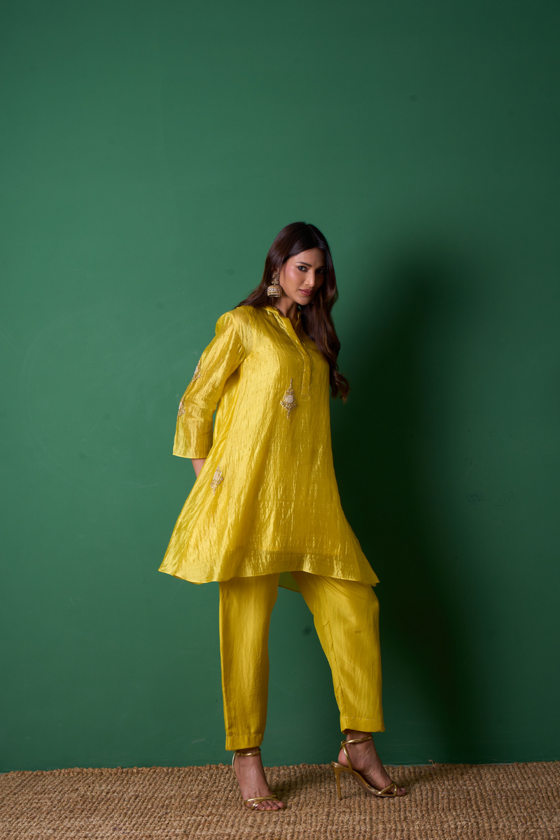 Paradise Kurta Set - Yellow with Dupatta organza by Priti Prashant in yellow color for women Worldwide