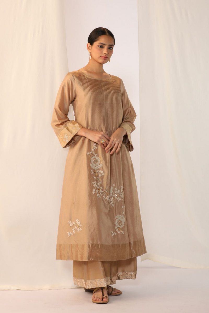 Silk kurta scatter embroidery and refined pintuck silk by Myoho in beige color for women Worldwide
