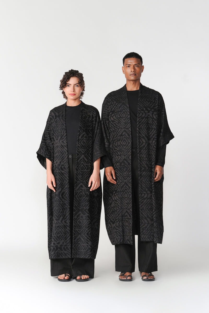 Jacquard Kimono Sleeve Overlay viscose cotton jacket/overlay by Turn Black in black for women Worldwide