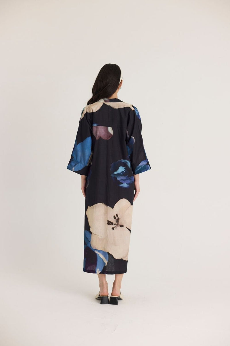 ROCCO DRAWSTRING KAFTAN DRESS poplin by Yam in black color for women Worldwide