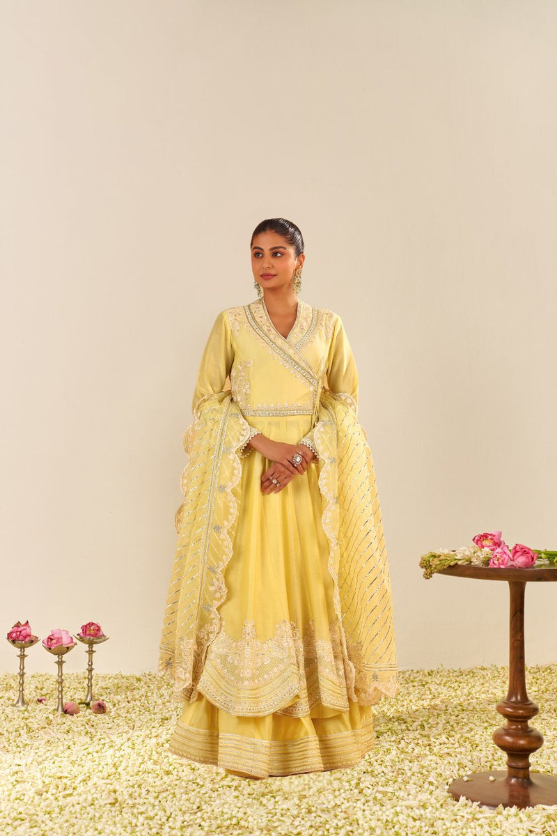 Ameena - Long Anarkali With Skirt And Dupatta-Lemon Yellow silk by SHEETAL BATRA in yellow color for women Worldwide